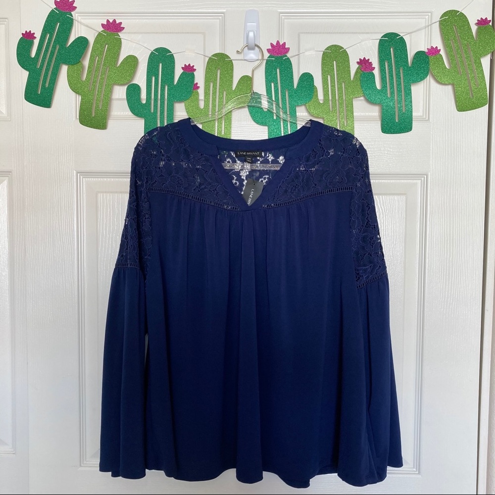 NWT Lane Bryant Navy Blue Lace Bell Sleeve Blouse